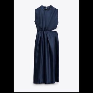 Zara Satin Navy Blue Sleeveless Dress with Cut Out Detail